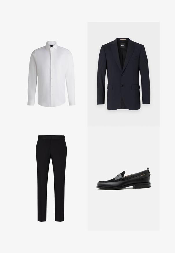 Blazer navy de tejido suave, con un cierre de dos botones, solapas con muesca y dos bolsillos frontales, además de un bolsillo en el pecho.; Camisa blanca de manga larga hecha de algodón suave, con un cuello clásico, botonera completa y puños abotonados. Diseño minimalista.; BOSS H GENIUS TUX 231 - Pantalón de traje - black; Mocasín de cuero negro con detalle de tira gris, tacón bajo y suela texturizada, con la marca "HUGO" en oro en el lateral.