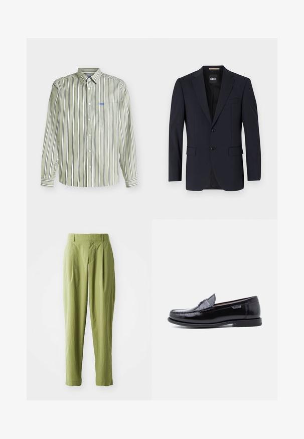 Blazer marine en tissu lisse, avec une fermeture à deux boutons, des revers crantés, deux poches avant et une poche poitrinaire.; Chemise à manches longues avec boutons, rayures verticales noires et blanches sur tissu vert clair, avec un petit logo bleu Hugo sur la poche poitrine.; Pantalons vert clair en tissu texturé, présentant une coupe droite, des plis à l'avant et une taille standard.; Mocassins en cuir noir avec une finition brillante, présentant un motif cousu sur l'avant-pied et une semelle en caoutchouc noire texturée et basse.