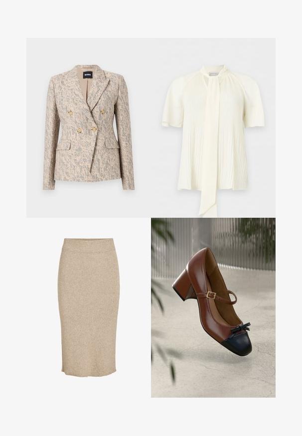 Beige og grå tekstureret dobbeltradet blazer med fire brune knapper, revers med hak, klaplommer og en tætsiddende silhuet fra BOSS.; Kremfarvet bluse med korte pufærmer, lodrette læg foran og en lang nakkesløjfe detalje.; Strik nederdel i en lys beige farve med lodret ribbestruktur, knælang med elastisk talje og lige skæring.; Brun læder Mary Jane-hæl med sort tåhætte, sort sløjfe, guldbeslået strop og blokhæl på lys tekstureret gulv.