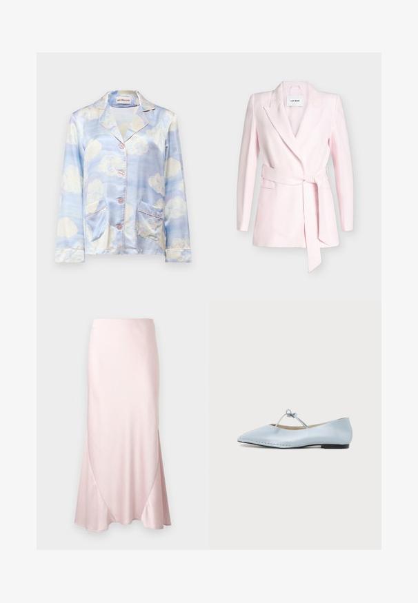Blazer rose pâle cintré, manches longues, large col à revers cranté et ceinture en tissu assortie nouée à la taille.; Chemise de pyjama en soie bleu clair avec des motifs de nuages, dotée d'un col en V, de cinq boutons et de deux poches avant avec un passepoil rose pâle.; Jupe midi en satin rose clair avec une silhouette évasée en A et des détails subtils de coutures diagonales sur un fond uni.; Chaussure plate bleu clair à bout pointu avec une fine sangle nouée sur le dessus et un petit talon noir.