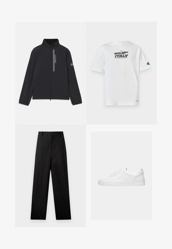 Zwarte lichtgewicht jack met een hoge kraag, voorrits en een ritszak op de borst. Bevat logo-detail op de mouw. Glad textuur.; Iceberg T-shirt print - bianco ottico; Zwarte broek van katoen met een rechte pijpdesign, voorzien van een sluiting met een knoop aan de voorkant en zijzakken. Gladde textuur, geen patronen.; Witte lage sneaker met vetersluiting, glad leren bovenwerk en dikke zool, gezien vanuit de zijkant tegen een effen achtergrond.