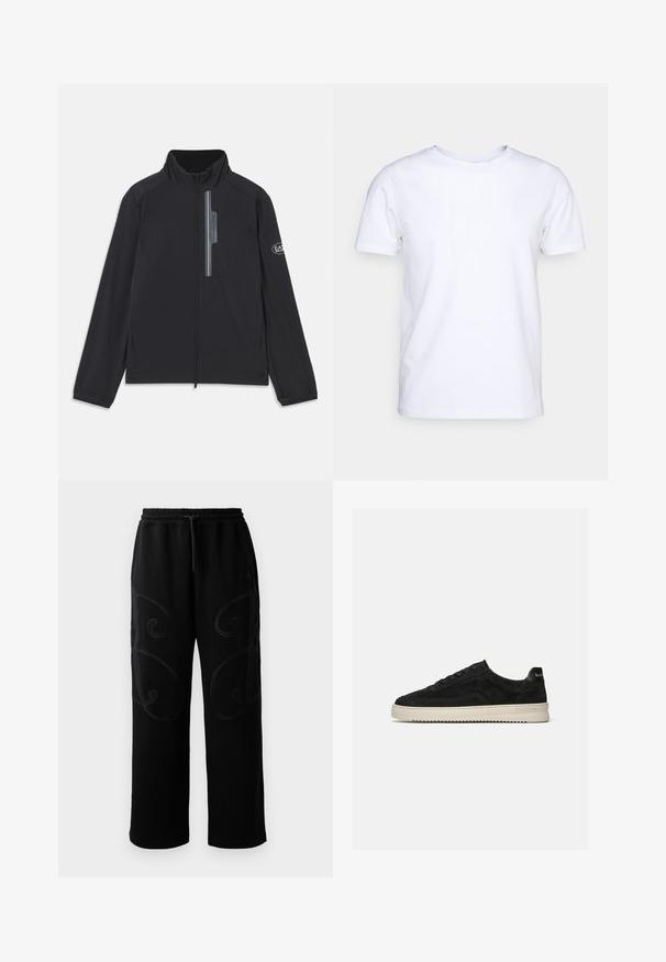 Chaqueta ligera negra con cuello alto, cremallera frontal y bolsillo en el pecho con cremallera. Presenta un detalle del logo en la manga. Textura suave.; Camiseta blanca de manga corta en tejido de algodón con cuello redondo. Diseño simple sin patrones ni acentos. Textura suave.; Pantalones de chándal negros con corte relajado, que presentan patrones de costura en espiral intrincados a lo largo de los laterales y una cintura elástica con cordón ajustable.; Zapatilla deportiva baja de ante negro con cordones negros y suela de goma blanca, vista lateral sobre fondo gris claro liso.