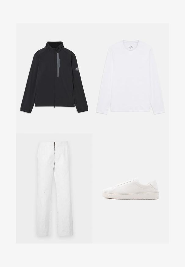 Must must paks, millel on kõrge krae, esine lukuga ja lukuga rinnahighil. Omab logo detaili varrukal. Sile tekstuur.; Valge pika varrukaga ümmarguse kaelusega särk, millel on Armani Exchange logo trükitud kaela sisse, suurus medium.; Valged, laiad püksid tekstureeritud pinnaga. Omavad keskmise kõrgusega vööd ja esist siidist lukku metallklamber.; Valge nahast toss, sileda viimistlusega, ümmarguse ninaga, kuue auguga paelalöökidega ja tekstuurse kummist tallaga. Minimalistlik disain ilma mustriteta.