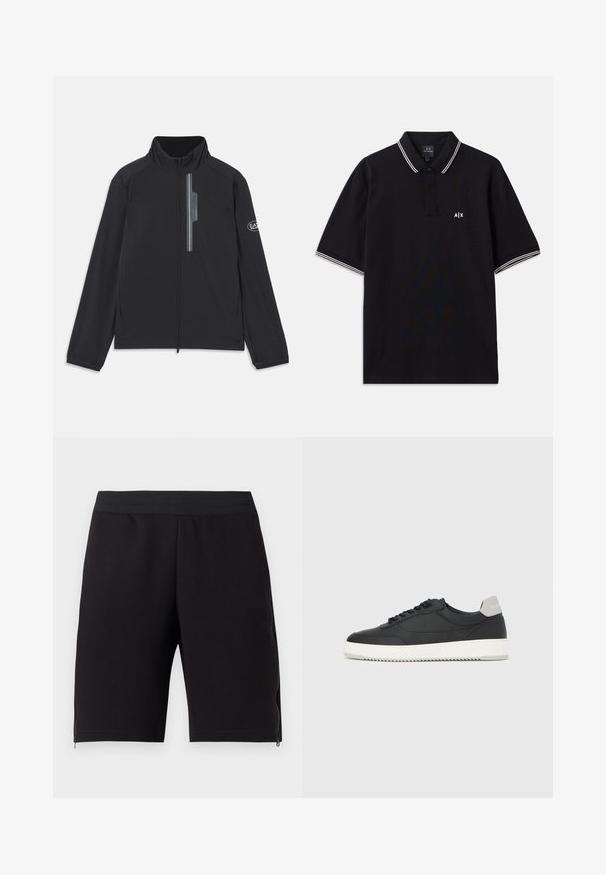Sort letvægtsjakke med høj krave, frontlynlås og lynlåslomme på brystet. Har logo detaljer på ærmet. Glat tekstur.; Sort polo-shirt lavet af bomuld, med en to-knaps krave, hvide stribede detaljer på ærmerne og et logo på brystet.; Nye sorte træningsshorts lavet af blødt stof, med en tætsiddende elastisk talje og lynlåse i siderne for ekstra funktionalitet.; Sort lavtop-sneakers med hvid sål og grå hælkappe, set fra siden på en helt hvid baggrund.