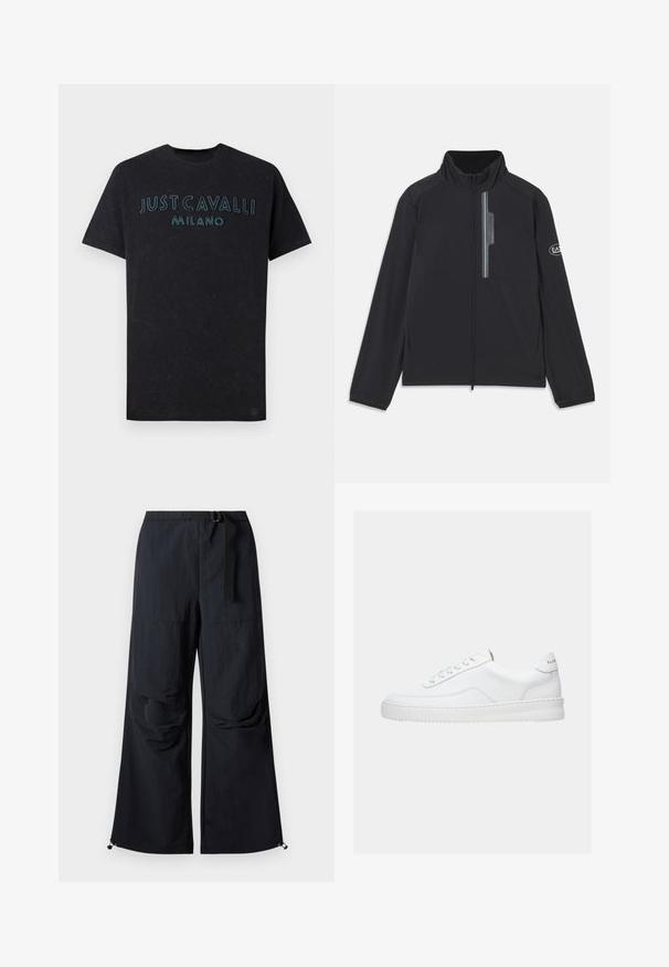 Schwarze, leichte Jacke mit hohem Kragen, Front-Reißverschluss und Reißverschlusstasche auf der Brust. Mit Logodetail am Ärmel. Glatte Textur.; Schwarzes Baumwoll-T-Shirt mit der Aufschrift "JUST CAVALLI MILANO" in leuchtend blauer Stickerei auf der Brust, mit Rundhalsausschnitt und lockerer Passform.; Schwarze, weit geschnittene Hose aus leichtem Stoff. Verfügt über einen Gürtel, zwei große Seitentaschen und verstellbare Säume mit Kordelzug.; Weißer Sneaker mit niedrigem Schaft, Schnürdesign, glattem Lederobermaterial und dicker Sohle, von der Seite auf einfachem Hintergrund gezeigt.