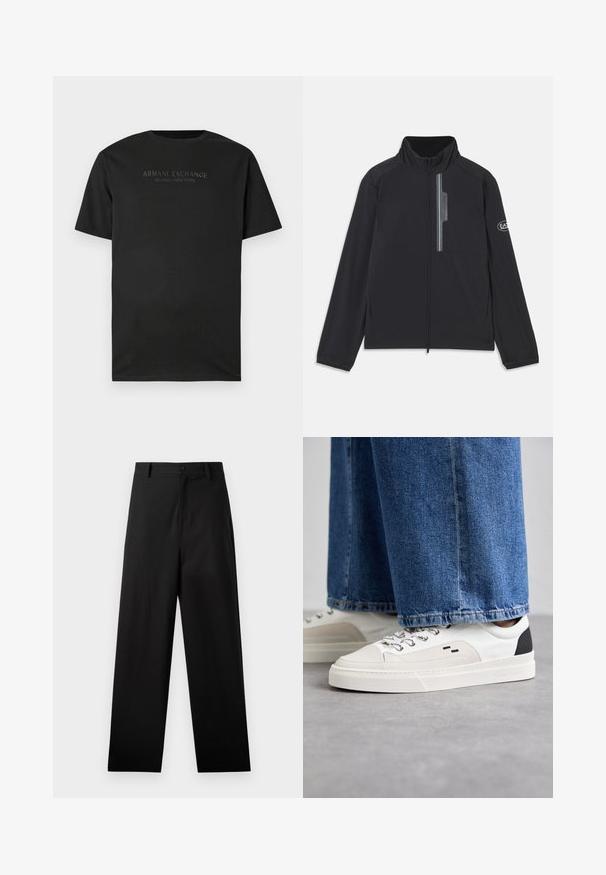 Veste légère noire avec un col haut, fermeture éclair à l'avant et poche poitrine avec fermeture éclair. Détails du logo sur la manche. Texture lisse.; T-shirt noir à manches courtes avec col rond, portant "ARMANI EXCHANGE MILANO / NEW YORK" imprimé en petites lettres gris foncé sur la poitrine.; Pantalons noirs en coton avec une coupe droite, dotés d'une fermeture à bouton à l'avant et de poches latérales. Texture lisse, sans motifs.; Baskets blanches et noires avec une tige en cuir lisse, des accents texturés et une semelle épaisse blanche. Présentent un design classique à lacets.