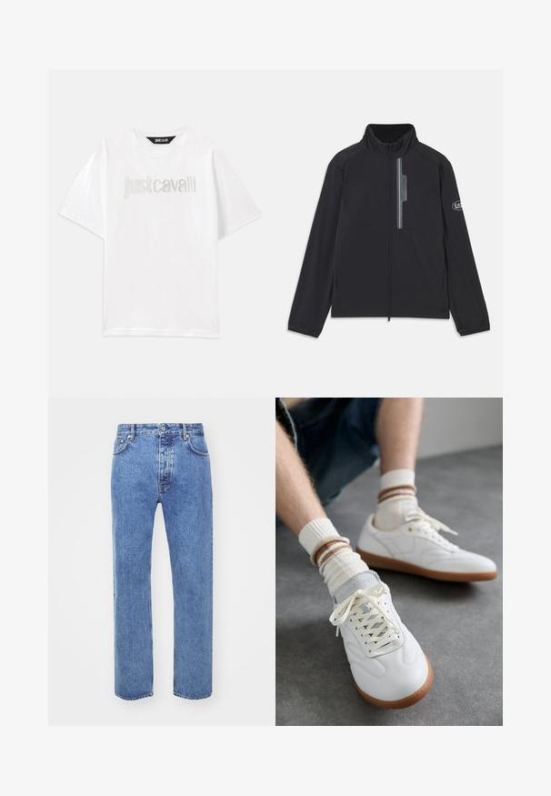 Chaqueta ligera negra con cuello alto, cremallera frontal y bolsillo en el pecho con cremallera. Presenta un detalle del logo en la manga. Textura suave.; Camiseta de algodón blanca con mangas cortas y un corte relajado. Presenta "Just Cavalli" bordado en plata en el pecho.; Won Hundred STEVE - Vaqueros boyfriend - cut blue; Zapatillas de cuero blanco con una textura suave, detalles en gamuza gris, suelas de goma beige y cordones planos. Combinadas con calcetines a rayas en tonos crema y marrón.