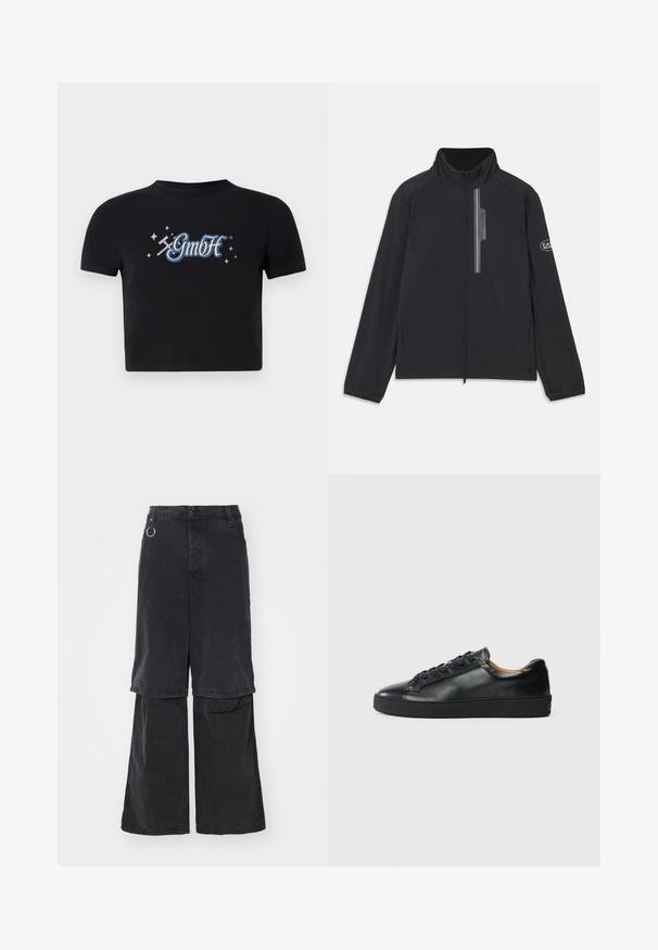 Sort letvægtsjakke med høj krave, frontlynlås og lynlåslomme på brystet. Har logo detaljer på ærmet. Glat tekstur.; Sort cropped t-shirt lavet af bomuld med en rund halsudskæring, prydet med et blåt og hvidt "GmbH" logo omgivet af små stjerner, trykt på forsiden.; Études NOCTURNE - Jeans Relaxed Fit - black washed; Sorte lædersneakers med en glat overflade, rund tå og snørebåndslukning. Har en tyk gummisål og minimal branddetalje.