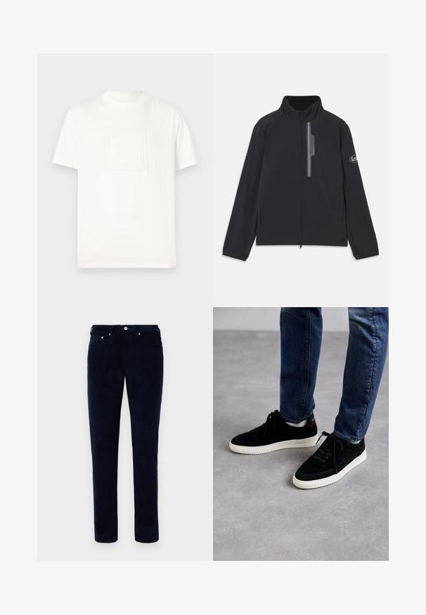 Zwarte lichtgewicht jack met een hoge kraag, voorrits en een ritszak op de borst. Bevat logo-detail op de mouw. Glad textuur.; Witte T-shirt met korte mouwen van gladde katoen met een gestructureerd vierkant logo op de voorkant. Ronde halslijn en een relaxte pasvorm.; Heren slim-fit donkerblauwe corduroy broek met voor- en achterzakken, riemlussen en een knoopsluiting.; Zwarte suede sneakers met een witte rubberen zool, met een klassiek low-top ontwerp, een ronde neus en flat zwarte veters.