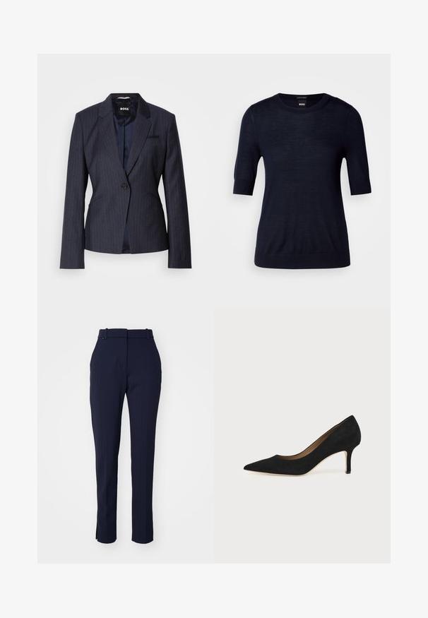 Blazer à rayures bleu marine foncé avec une fermeture à un bouton, des revers crantés et deux poches avant. Doublure intérieure lisse visible.; Pull bleu marine à manches courtes en tissu tricot léger. Il présente un col rond et une finition côtelée pour un look ajusté.; Pantalons ajustés bleu marine avec un motif à rayures verticales, coupe fuselée, passants de ceinture et sans fermetures ni poches visibles. Texture lisse.; Escarpin en daim noir à bout pointu avec un talon stiletto fin de hauteur moyenne et un design à coupe basse sur un fond uni.