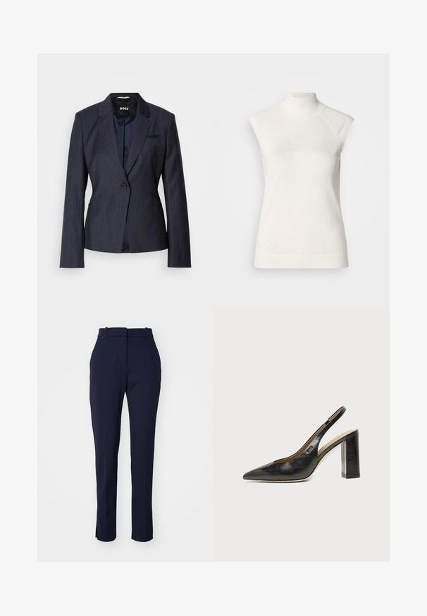 Blazer à rayures bleu marine foncé avec une fermeture à un bouton, des revers crantés et deux poches avant. Doublure intérieure lisse visible.; Haut sans manches à col roulé blanc en matière douce ; présente une coupe ajustée avec un col montant et une texture subtilement côtelée à l'ourlet.; Pantalons ajustés bleu marine avec un motif à rayures verticales, coupe fuselée, passants de ceinture et sans fermetures ni poches visibles. Texture lisse.; Chaussure slingback en cuir noir à bout pointu avec un talon bloc haut et une doublure intérieure beige sur un fond clair uni.