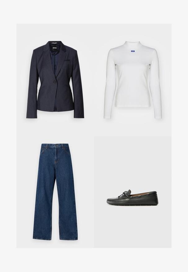 Donker marineblauwe colbert met een enkele knoopsluiting, gelapete revers en twee voorkantzakken. Gladde binnenvoering zichtbaar.; Witte lange mouw turtleneck top van rekbare stof, met een strakke pasvorm en een klein blauw logo op de borst.; Donkerblauwe wijd uitgesneden spijkerbroek van denim met een klassiek vijf-pocket ontwerp. Bevat contrasterende stiksels en een sluiting met voorknoop.; Zwarte leren bootshoe met een ronde neus, gestikte details, een kleine strikaccent en een rubberen zool. Soepele textuur en gestroomlijnd ontwerp.