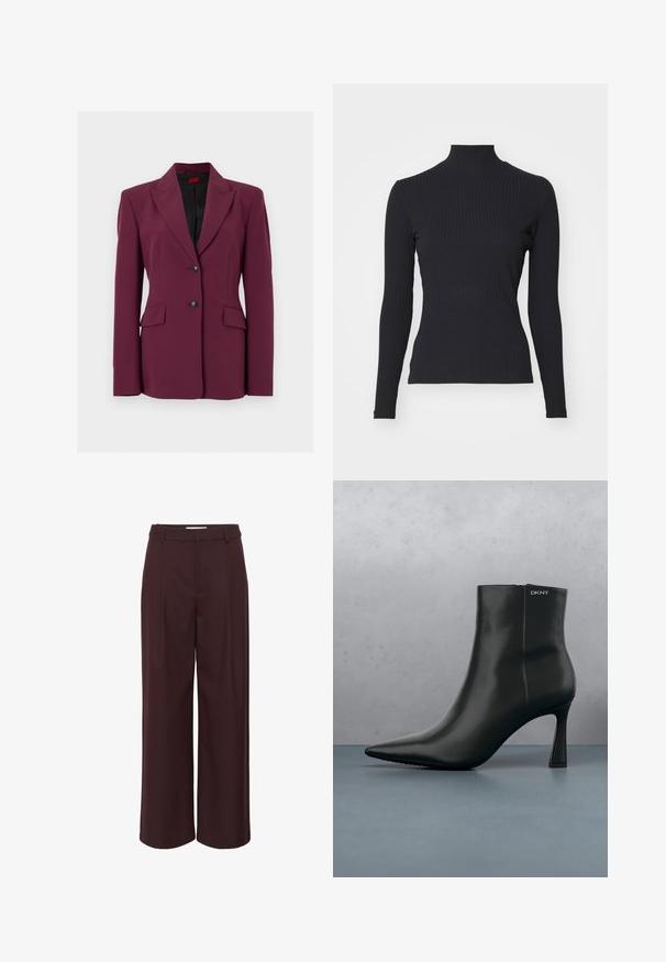 Dame skræddersyet mørkerød blazer med sort for, hakket revers, to forlommer med klapper og to sorte knapper foran i midten.; Sort ribbet turtle-sweater med lange ærmer. Lavet af strækbart stof med en tætsiddende pasform og høj krave. Enkel design uden udsmykninger.; Vide benbukser i dyb bourgogne, lavet af et glat stof. Har en høj talje med folder og enkle bæltestropper for et skræddersyet udseende.; Sort læder ankelstøvle med spids tå og geometrisk hæl. Har subtil branding og en glat overflade. Baggrunden består af strukturerede fliser.