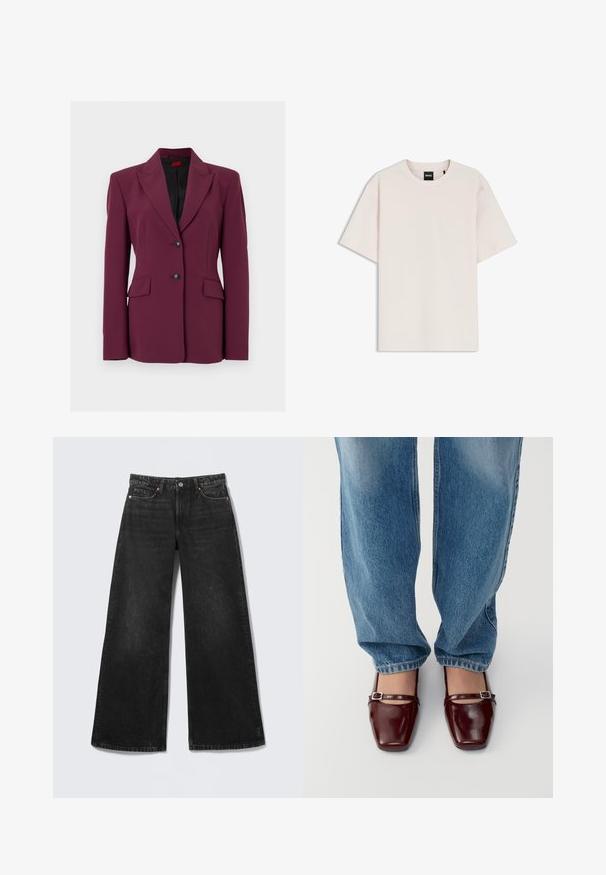 Dame skræddersyet mørkerød blazer med sort for, hakket revers, to forlommer med klapper og to sorte knapper foran i midten.; Kortærmet cremefarvet bomuld T-shirt med rund halsudskæring og sort BOSS mærkat indeni kraven.; Sorte jeans med vide ben, fem lommer og knappelukning, vist fladt på en lys baggrund.; Burgunderfarvede patentlæder sko med firkantet tå og ankelrem, parret med lyseblå løs pasform jeans. Skoene har en glansfuld overflade.