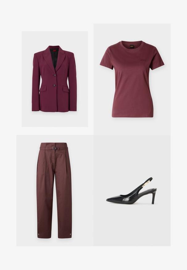 Dame skræddersyet mørkerød blazer med sort for, hakket revers, to forlommer med klapper og to sorte knapper foran i midten.; Kortærmet, bordeaux T-shirt til kvinder med rund hals og lille broderet "BOSS"-logo på venstre bryst.; Bordeaux bredde bukser lavet af bomuld med bælte i taljen, plisseret front og trykknapper ved anklerne. Glat tekstur, minimalistisk design.; Sort læder slingback højhælede sko med spidse tæer, glat overflade og en smal ankelrem med guldfarvede hardware detaljer.