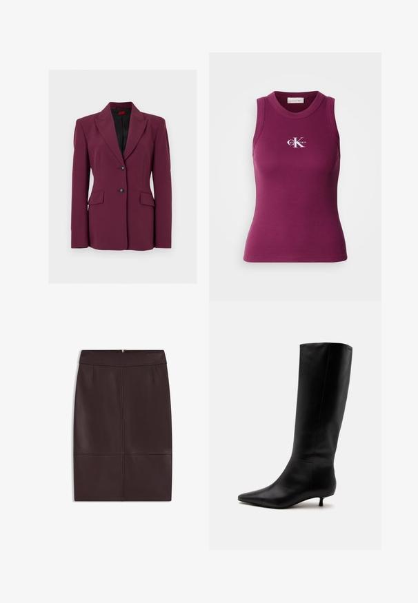 Dame skræddersyet mørkerød blazer med sort for, hakket revers, to forlommer med klapper og to sorte knapper foran i midten.; Ribbet, ærmeløs tanktop i mørkelilla med rund hals og hvid "Calvin Klein"-logo på brystet. Blødt stof med en tætsiddende pasform.; Bordeaux læderblyantnederdel med en glat tekstur, der har frontfald og en skjult lynlås bagpå til lukning.; Sort læder knæhøj støvle med spids snude og lav kittenhæl mod en ensfarvet lys baggrund.