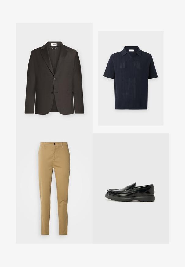 Blazer noir pour homme sur mesure avec revers crantés, deux boutons devant et une poche poitrine, présenté sur fond blanc.; Polo en maille bleu marine à manches courtes avec un motif côtelé vertical texturé et un col décontracté, présenté sur un fond uni.; Pantalons khaki en coton. Design ajusté avec une texture lisse, poches avant et une fermeture à bouton unique à la taille.; Mocassin en cuir noir avec une finition brillante, bout arrondi, détails de couture subtils et semelle en caoutchouc épaisse pour la durabilité.