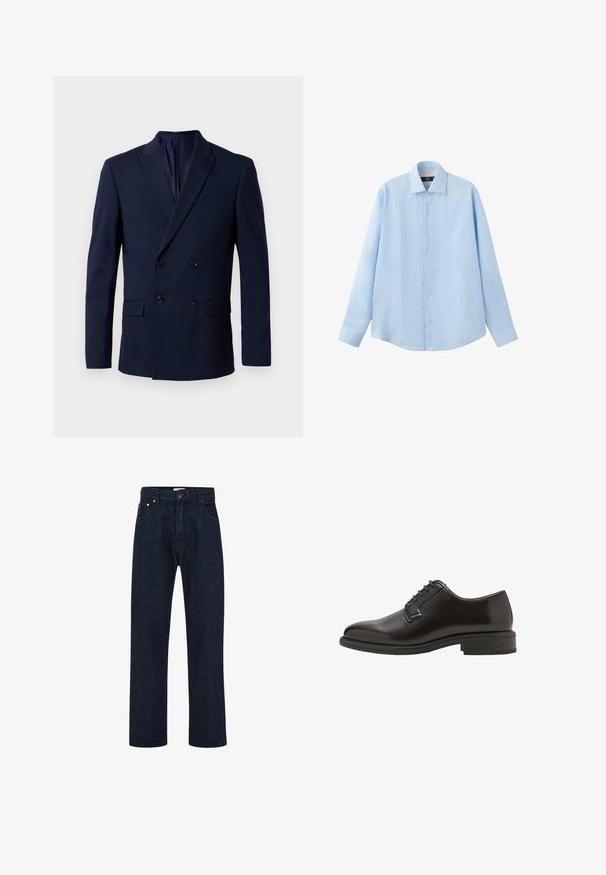 Marineblaue, doppelt geknöpfte Blazerjacke mit zwei schwarzen Knöpfen, Reverskragen und doppelten Taschen; aus glattem Stoff, taillierte Passform.; Hellblaues Langarmhemd mit Knopfleiste, klassischem Kragen, glatter Vorderseite und leicht geschwungenem Saum, auf weißem Hintergrund dargestellt.; Dunkelblaue Jeans mit geradem Bein, vorderem Knopf- und Reißverschluss, Gürtelschlaufen und Vordertaschen.; Schwarzer, polierter Lederschuh für Herren im Oxford-Stil mit runder Spitze, Schnürverschluss und niedrigem gestapeltem Absatz, seitlich dargestellt.