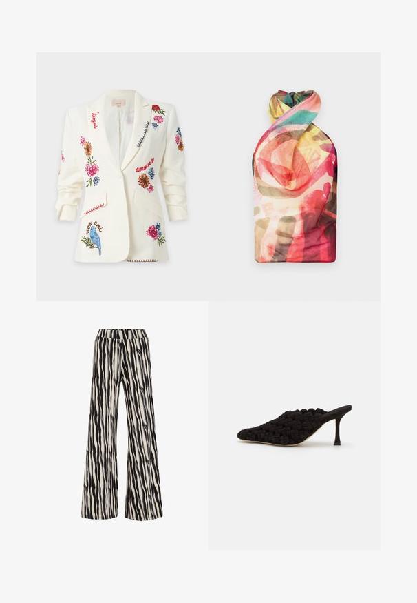 Hvid blazer med farverigt blomsterbroderi, blå fugl og franske ord som "bonjour", "amour" og "mon ami" på fronten og ærmerne.; Paolina Russo WRAPPED HALTER - Top - acid brown; Bredde ben bukser med et sort-hvidt tigerstribe mønster, lavet af et struktureret stof med en elastisk talje.; A.W.A.K.E. MODE REGINA WEAVED MULE - Mules med hæl - black
