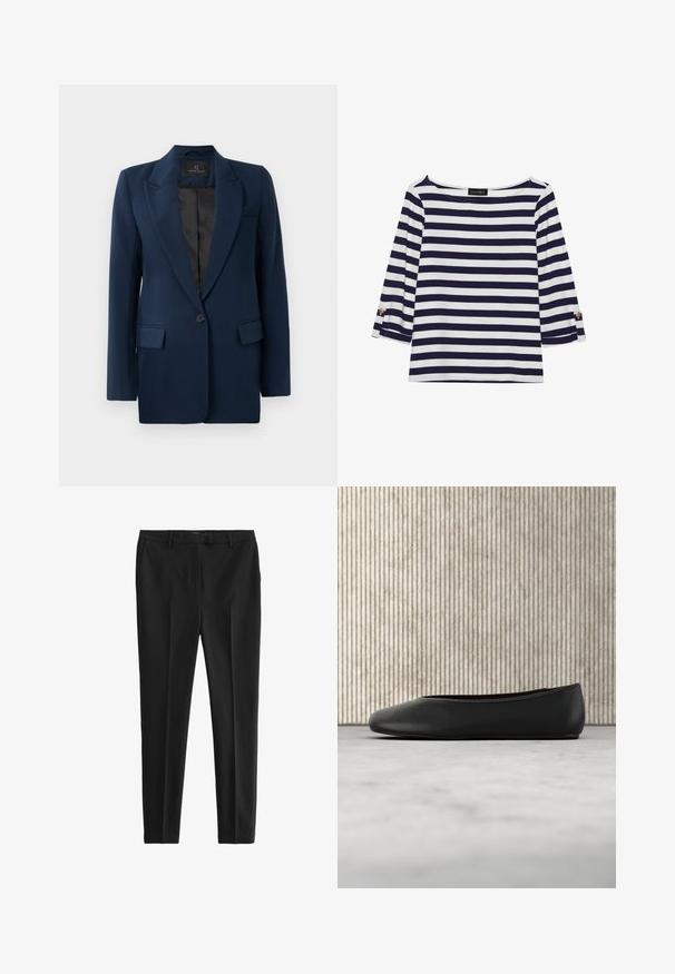 Marineblazer met een enkele knoopsluiting, ingeknipte revers, twee voorzakken en een gladde textuur. Gevoerde binnenkant in het zwart.; Marineblauw en witte gestreepte longsleeve top met een bootnek en gouden knoopaccenten op de opgerolde mouwen. Zachte stof, relaxte pasvorm.; Zwarte op maat gemaakte broek van soepel stof. Heeft een vlakke voorkant, zijzakken en een slim fit ontwerp. Schoon, minimalistisch stijl.; Zwarte leren balletflat met een afgeronde neus, een gladde textuur en een gouden logoaccent aan de zijkant. Geplaatst boven een reflecterend oppervlak.