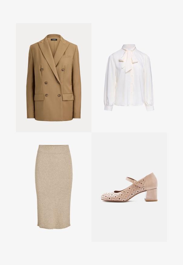 Dobbeltradet tan blazer med spidse revers, seks knapper, to klaplommer og en brystlomme med kant, skræddersyet pasform med lange ærmer.; Hvid bluse med lange ærmer med knapper foran og en stor bundet sløjfe ved halsudskæringen på en ensfarvet baggrund.; Strik nederdel i en lys beige farve med lodret ribbestruktur, knælang med elastisk talje og lige skæring.; Beige læder Mary Jane sko med en rundet tå, perforeret design og en blokhæl. Har en sidebånd med spænde for en sikker pasform.
