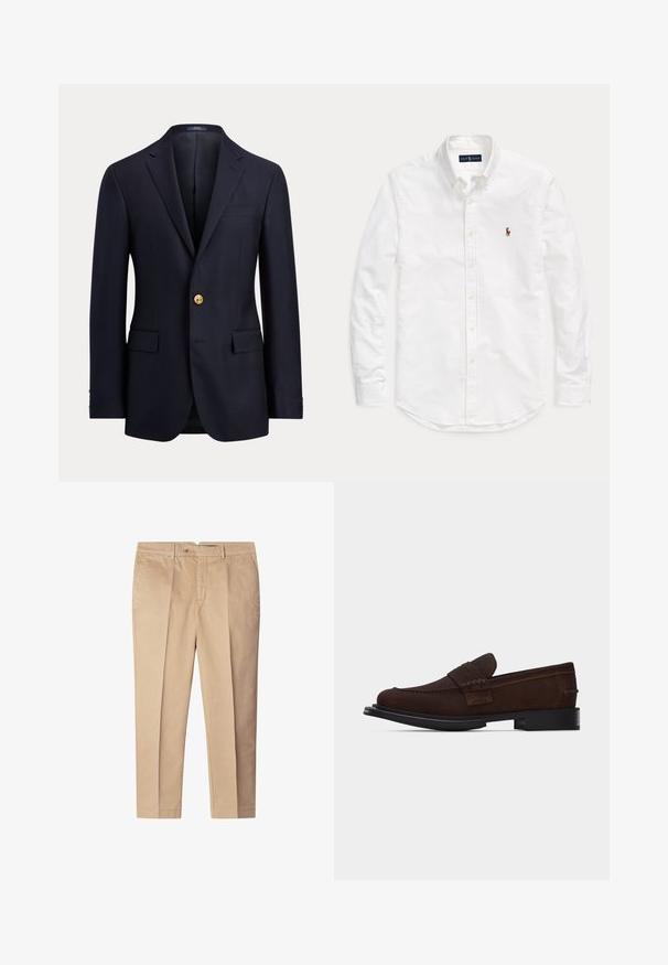 Blazer bleu marine pour homme avec revers crantés, fermeture par un bouton doré, poches à rabat et poche poitrine passepoilée.; Chemise blanche à manches longues avec boutonnière, col et petit logo brodé sur le côté gauche de la poitrine, posée à plat sur un fond uni.; Pantalons en coton beige à coupe ajustée, avec des plis sur le devant, des poches latérales et une fermeture à bouton. Texture lisse, design à jambe droite.; Mocassin à enfiler en cuir marron avec détails surpiqués et semelle noire, présenté de profil sur un fond blanc uni.