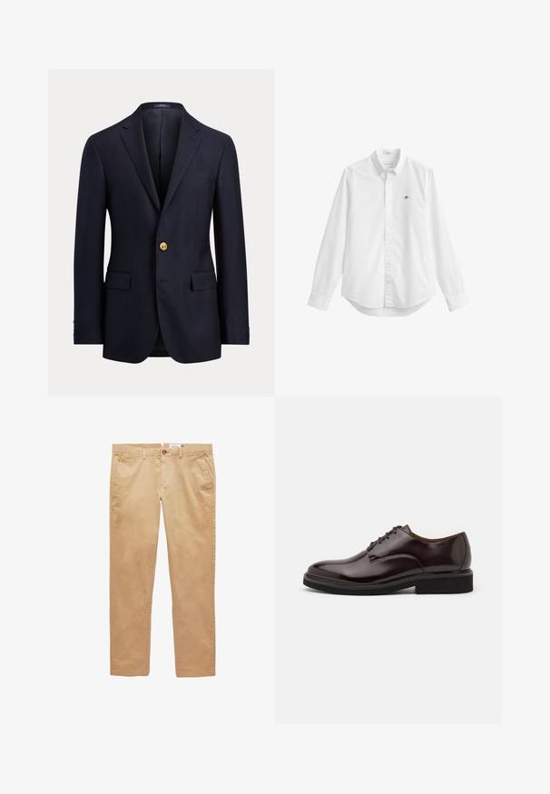 Navy blauwe herenblazer met inkeping revers, enkele gouden knoopsluiting, klepzakken en borstpaspelzak.; Wit overhemd met lange mouwen, knopen aan de voorkant, een kraag en een klein geborduurd logo op de linkerborst.; Beige rechte katoenen broek met ceintuurlussen, voorzakken en een knoopsluiting.; Bruine leren Oxford schoen met een glanzende afwerking, ronde neus, vetersluiting en een stevige zwarte rubberen zool. Naaddetails op de bovenkant.