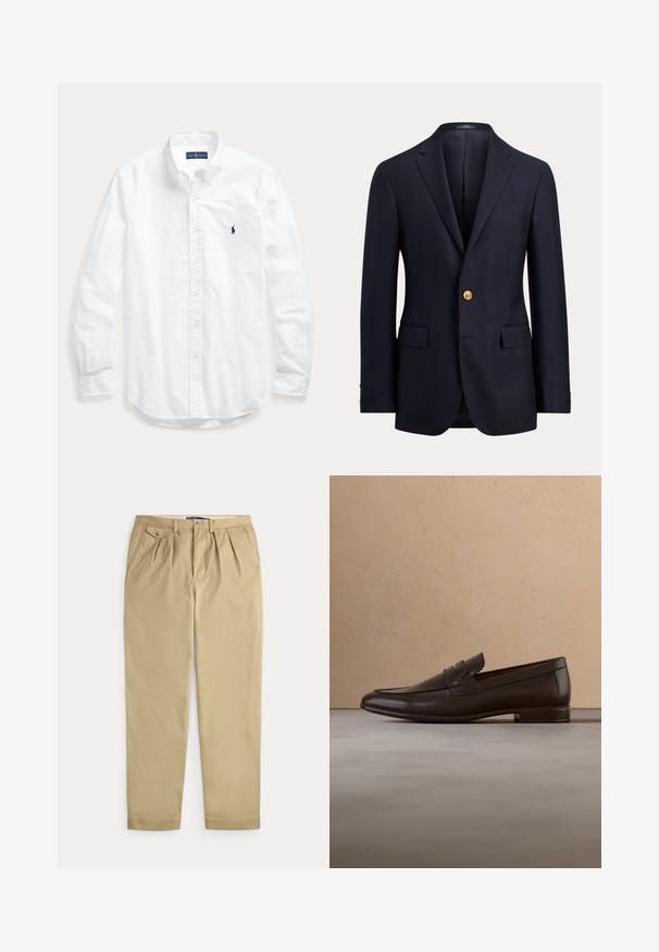 Marineblå herre blazer med hakrevers, enkelt guldknap lukning, klaplommer og brystlomme med kant.; Hvid skjorte med lange ærmer, knapper og krave, med lille mørkt logo på venstre bryst, lagt fladt på en lys baggrund.; Beige plisserede bukser med sidelommer, en lille knaplukket møntlomme på højre side, bæltestropper og frontknap og lynlås lukning.; Mørkebrune læder loaferskørstøvler svæver over et beige tæppe med en buet beige sofa i baggrunden.