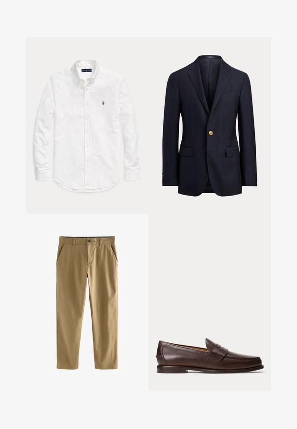 Marineblå herre blazer med hakrevers, enkelt guldknap lukning, klaplommer og brystlomme med kant.; Hvid skjorte med lange ærmer, knapper og krave med lille broderet logo på venstre bryst, lagt fladt på ensfarvet baggrund.; Beige afslappede bukser med knap- og lynlås-lukning, bæltestropper og forlommer, vist på hvid baggrund.; Mørkebrune læder penny loafers med syningsdetaljer og lav stacket hæl, vist fra siden på en ensfarvet baggrund.