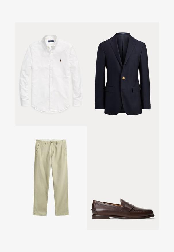 Navy blauwe herenblazer met inkeping revers, enkele gouden knoopsluiting, klepzakken en borstpaspelzak.; Witte blouse met lange mouwen, knopen en kraag, met klein geborduurd logo op de linkerborst, plat gelegd op een effen achtergrond.; Beige chino's met rechte pijpen, riemlussen, knoop- en ritssluiting aan de voorkant en zijzakken, plat gelegd op een witte achtergrond.; Donkerbruine leren penny loafer met stikseldetails en lage gestapelde hak, van opzij gezien op een effen achtergrond.