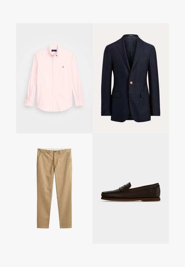 Navy blauwe herenblazer met inkeping revers, enkele gouden knoopsluiting, klepzakken en borstpaspelzak.; Lichtroze overhemd met lange mouwen en een button-down kraag, voorzien van een klein geborduurd logo op de linkerborst, gemaakt van een soepele katoenstof.; Beige chino's met rechte pijpen, riemlussen, knoop aan de voorkant, ritssluiting en zijzakken, plat uitgestald op een witte achtergrond.; Donkerbruine leren loafer met een platte zool en een geweven riemdetail op het bovenwerk, zijaanzicht op een effen achtergrond.
