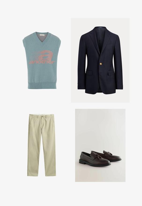 Americana azul marino para hombre con solapas entalladas, cierre con un botón dorado, bolsillos con solapa y bolsillo de ojal en el pecho.; Chaleco de punto sin mangas en azul claro con escote en V, que presenta un diseño gráfico en rosa con la palabra "another" y un motivo de velocidad. Ribete acanalado.; Pantalones chinos beige de pierna recta con trabillas para cinturón, cierre delantero con botón y cremallera, y bolsillos laterales, colocados planos sobre un fondo blanco.; Mocasines de cuero marrón con suela plana negra, que cuentan con una tira decorativa en el frontal y borlas. Textura suave con detalles de costura sutiles.