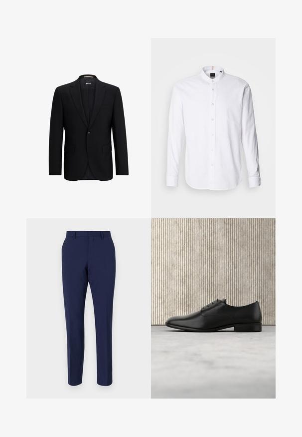 Zwarte op maat gemaakte blazer met een enkele knoopsluiting, gelapte revers, paspelzakken en een gladde, gestructureerde stof. De binnenkant is gevoerd.; Witte lange mouwen shirt met een bandkraag, knoopsluiting aan de voorkant en afgeronde zoom. Gemaakt van katoen, met een gladde textuur en subtiele glans.; Navyblauwe op maat gemaakte broeken van gladde stof, met een slanke pasvorm, een platte voorkant en een standaard tailleband met riemlussen.; Zwarte lederen dresschoenen met een strak ontwerp, ronde neus, vijf veterogen voor veters, en een kleine opstaande hak. Subtiele reliëf logo detail.