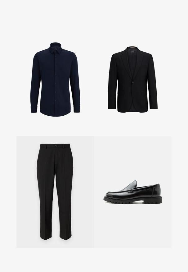 Zwarte op maat gemaakte blazer met een enkele knoopsluiting, gelapte revers, paspelzakken en een gladde, gestructureerde stof. De binnenkant is gevoerd.; Marineblauwe langemouwen overhemd met knopen, gemaakt van geweven stof, met een klassieke kraag, rechte snit en een voorste knoopsluiting.; Zwarte broeken van soepele stof, met een rechte pijpconstructie, vo pockets, een enkele knoopsluiting en geen zichtbare patronen.; Zwarte leren loafer met dikke rubberen zool, gestikte bovenkant en gegraveerde merknaam op de hiel, zijaanzicht op witte achtergrond.