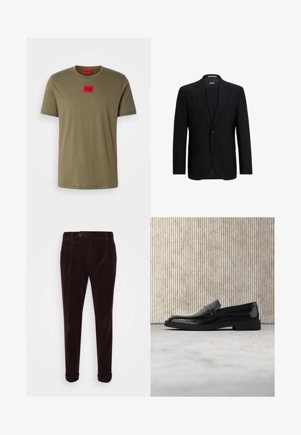 Sort skræddersyet jakke med en enkelt knaplukning, notched revers, klaplommer og et glat, struktureret stof. Indersiden er foret.; Olivengrøn bomulds T-shirt med rund halsudskæring, korte ærmer og et rødt firkantet logo-patch på brystet. Glat tekstur.; BOSS Bukser - dark red; Sort poleret læderloafer flydende over beige tæppe med orange gennemsigtigt møbel i baggrunden.