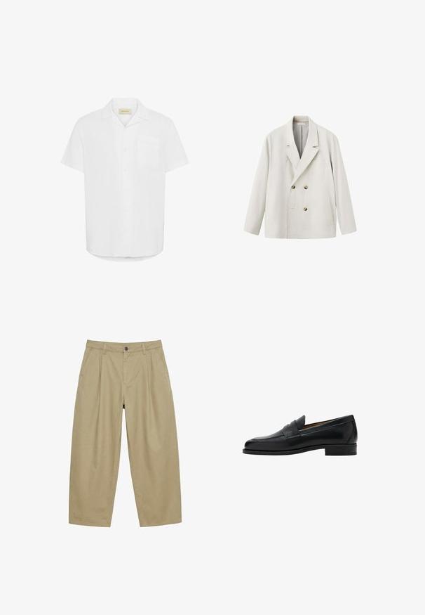Blazer croisé beige clair avec revers crantés, deux poches devant et boutons marron, présenté sur fond blanc.; Chemise blanche à manches courtes, fabriquée en tissu léger, avec une poche poitrine unique et un design décontracté.; Pantalon large kaki avec plis sur le devant, passants pour ceinture, poches latérales et fermeture par bouton à la taille.; Mocassin penny en cuir noir avec talon bas, bout arrondi et une bride sur la partie supérieure de la chaussure.