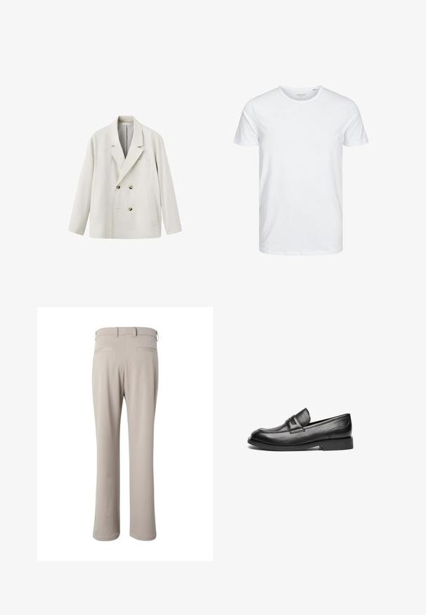 Blazer cruzado color beige claro con solapas partidas, dos bolsillos delanteros y botones marrones, presentado sobre un fondo blanco.; Camiseta de manga corta y cuello redondo en blanco sólido, fabricada en algodón suave, presenta un diseño simple sin patrones ni acentos visibles.; Pantalones beige de corte recto mostrados por detrás, con trabillas para cinturón y dos bolsillos de vivo en la cintura.; Mocasines de cuero negro presentan una puntera redondeada, una costura cosida en la parte superior y una suela de goma baja y plana. Textura suave sin patrones visibles.