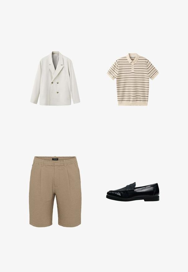 Lyse beige dobbeltradet blazer med klapkrave, to forlommer og brune knapper, vist mod en hvid baggrund.; Beige polo-shirt med korte ærmer med sorte vandrette striber og tre knapper på frontknap-listen.; Beige shorts lavet af struktureret stof med en rynket overflade, en elastisk talje og to frontfolder.; Sort herre penny loafer i læder med syninger på mok-toe og lav hæl, vist i sideprofil på hvid baggrund.