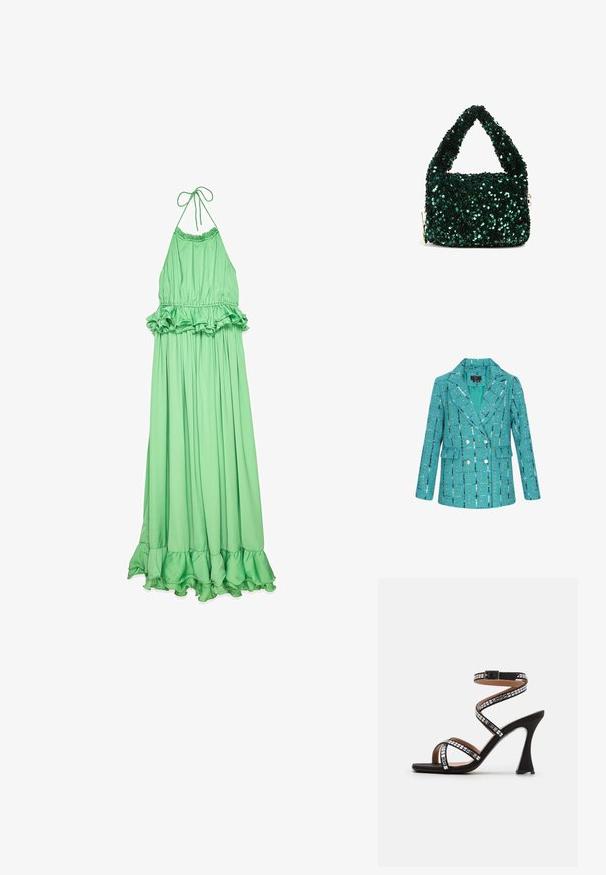 Turkoois dubbelzijdig jasje met een gestructureerde weving, voorzien van een geruit patroon met blauwe en zilveren accenten, met uitgesneden revers en zijzakken.; Groene halter maxi-jurk van gladde stof, met een ruches taille en zoom, en een vloeiende, geplooide silhouet.; Zwarte hoge hakken sandaal met spiraal enkelband, versierd met vierkante metalen accenten, open teen en een slank, gebogen hakontwerp.; Miriade SPALLA LUSIA - Handtas - verde