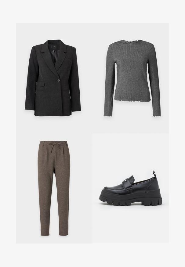 Blazer gris foncé à bouton unique avec revers, manches longues, poches à rabat et doublure intérieure lisse.; Haut en tricot côtelé à manches longues, gris foncé, avec des bords à motif laitue aux poignets, au col et à l'ourlet.; Pantalon marron cintré avec taille à cordon et passants de ceinture, en tissu texturé, présenté sur fond blanc uni.; Mocassin en cuir noir avec semelle épaisse rainurée, couture moc toe, détail de sangle sur le dessus et languette au talon, présenté de profil.