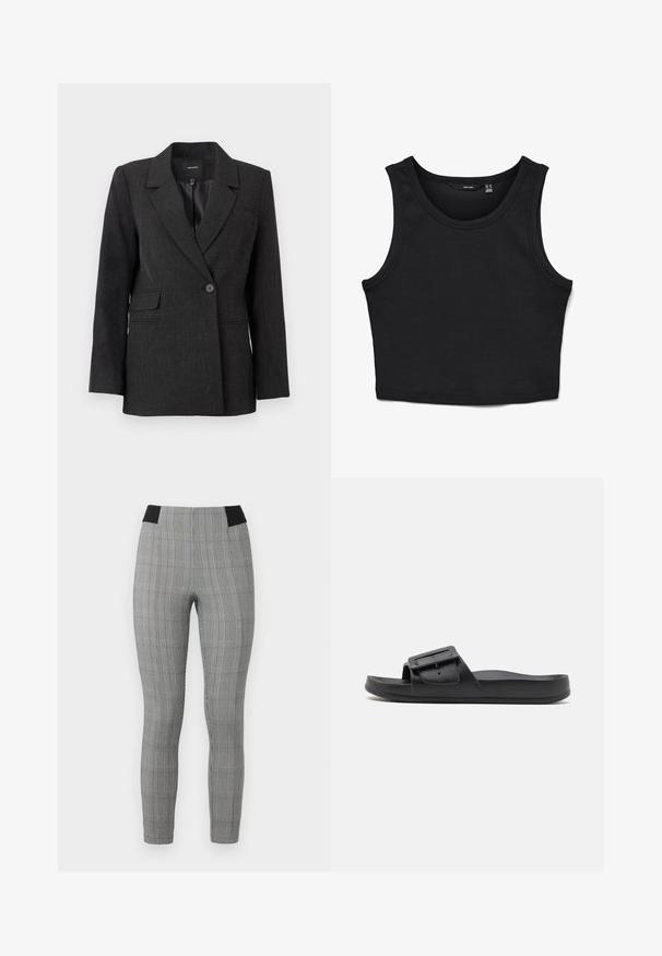 Mørkegrå ensfarvet blazer med slagkrave, lange ærmer, klaplommer og en glat inderforing.; Sort cropped tank top lavet af ribbet stof. Har brede stropper og en rund halsudskæring med en tætsiddende pasform.; Grå ternede leggings med en tætsiddende pasform, der har en sort elastisk talje og sidelommer. Tekstureret stof med et ternet mønster.; Sort sklidesandal med bred rem, justerbart spænde, flad sål og glat mat tekstur. Enkel design uden ekstra mønstre.