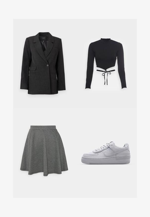 Donkergrijze blazer met één knoop, met notched lapels, lange mouwen, klepzakken en een gladde binnenvoering.; Even&Odd by Zalando Longsleeve - black; Zwart-witte geblokte skaterrok met een strakke tailleband en een uitlopende zoom, gemaakt van textuurstof die een klassiek patroon toont.; Grijze Nike Air Force 1 sneaker met geperforeerde neus, glad leren bovenwerk, dikke zool en verhoogde 'AIR' details op de hiel.