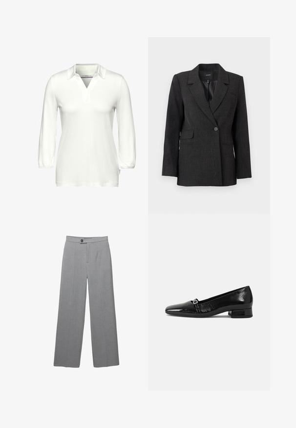 Mørkegrå ensfarvet blazer med slagkrave, lange ærmer, klaplommer og en glat inderforing.; Langærmet hvid polo-shirt lavet af blødt stof, med V-hals og en stolpe. Samlede manchetter og et mærke på siden.; Grå skræddersyede bukser med bred ben, flad front og subtil tekstur. Har en enkelt knaplukning og rene linjer.; Sorte patentlæder balletflade med spids tå, lav firkantet hæl og en lille metallisk spænde detalje på remmen. Glat tekstur.