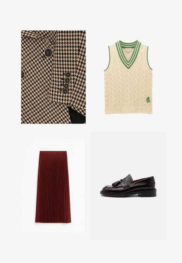 Blazer de patrón pata de gallo en marrón, negro y blanco con botones negros bordeados en plata en la manga y el frente.; Chaleco sin mangas de punto con cable en color crema, con escote en V con rayas verdes y logo verde bordado cerca del dobladillo.; Falda midi plisada en rojo profundo, con un tejido texturizado y pliegues verticales uniformemente espaciados. El dobladillo llega aproximadamente a la mitad de la pantorrilla.; Mocasín de cuero marrón oscuro con borlas, detalles cosidos y un tacón apilado bajo sobre un fondo liso claro.