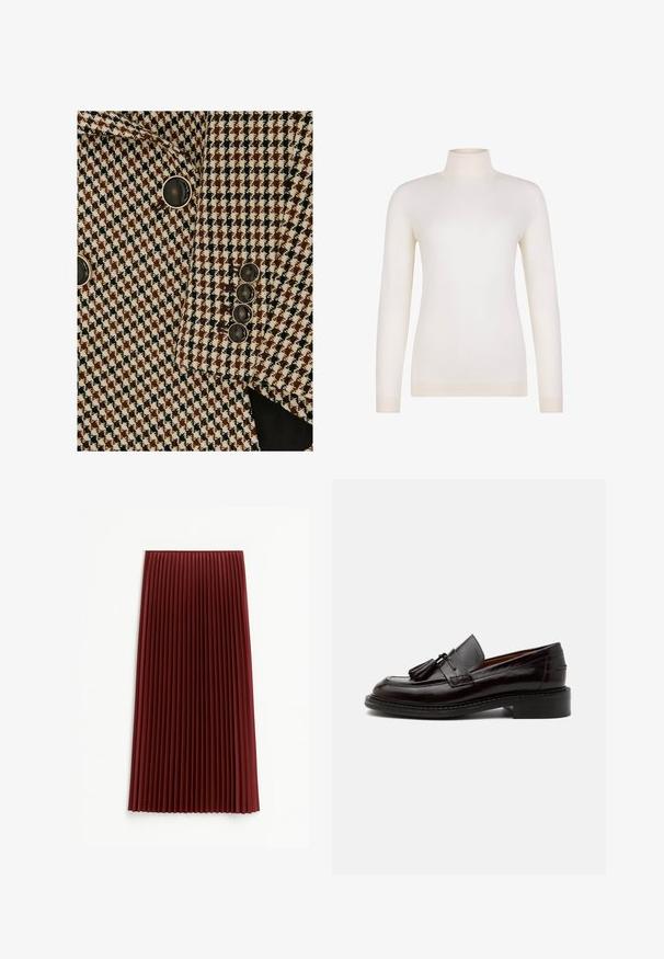 Brun, sort og hvid blazer med hundetandmønster og sorte knapper med sølvkant på ærmet og foran.; Langærmet crèmefarvet rullekravesweater med ribstrikkede manchetter og kant, vist på en ensfarvet hvid baggrund.; Plisseret midi-nederdel i dyb rød, med et tekstureret stof og jævnt fordelte vertikale folder. Kanten falder omkring midt på læggen.; Mørkebrun læderloafer med duske, syningsdetaljer og en lav stablet hæl på en ensfarvet lys baggrund.