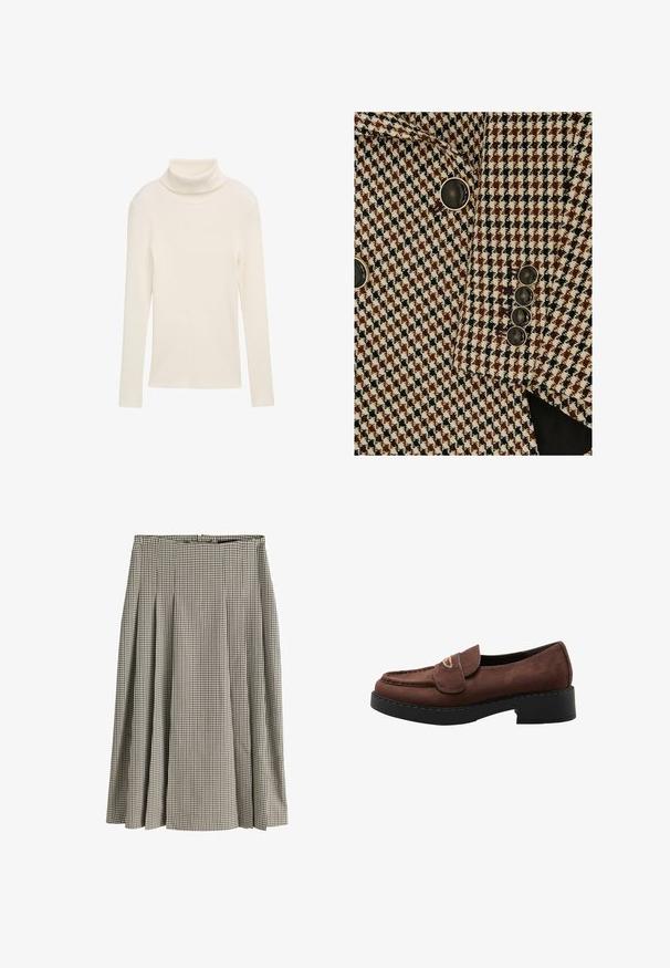 Bruine, zwarte en witte blazer met houndstooth-patroon en zwarte knopen met een zilveren rand aan mouw en voorkant.; Creme trui met een col, gemaakt van ribbelstof. Lange mouwen en een getailleerde silhouette. Geen zichtbare patronen of hardwareaccenten.; Midilengte geplooide rok met zwart-wit pied-de-poulemotief, hoge taille en gestructureerde stof.; Bruine suède loafer met een zwarte stevige hak en een goudkleurig metalen detail op de band, zijaanzicht op een witte achtergrond.