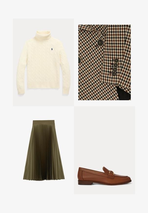 Brun, sort og hvid blazer med hundetandmønster og sorte knapper med sølvkant på ærmet og foran.; Kremfarvet kabelstrikket rullekraventrøje med lange ærmer og lille navyblåt broderet logo på venstre bryst.; Olivengrøn midi-plisseret nederdel med bred, glat talje og jævnt fordelte smalle folder.; Brun læder loafer med guldfarvet spænde og lavt træhæl, vist fra siden på en ensfarvet baggrund.