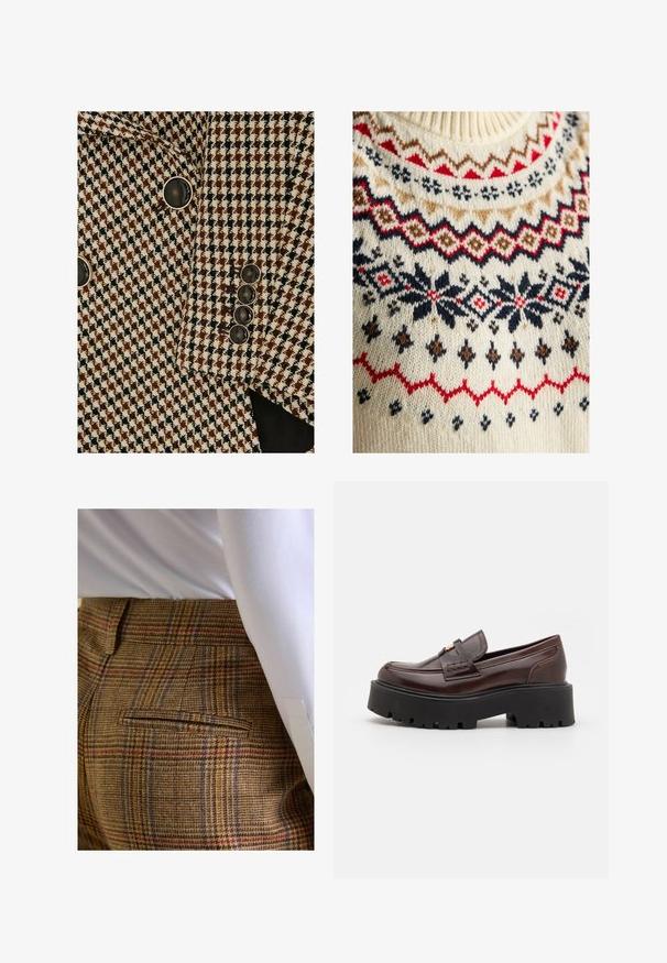 Brun, sort og hvid blazer med hundetandmønster og sorte knapper med sølvkant på ærmet og foran.; Cremefarvet strikket sweater med høj ribkrave, der har geometriske mønstre i marineblå, rød, brun og sort. Blød tekstur.; Brune ternede bukser med en tekstureret stof. Har blå og røde linjer, en baglomme og et skræddersyet snit. Båret med en hvid skjorte.; Madden Girl CALISTA - Loafers - brown
