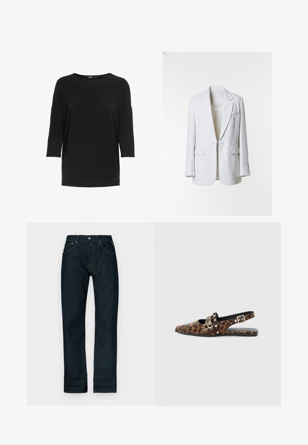 Biely blazer s tenkými prúžkami, zárezovým klopovým golierom, zapínaním na jeden gombík, štyrmi vreckami a podšívkou z textúrovaného materiálu.; Čierny dlhý rukáv top vyrobený z mäkkej, textúrovanej tkaniny. Má okrúhly výstrih a voľný strih s rukávmi po trištvrte.; Tmavomodré rifle s priamymi nohavicami, zapínanie na predné gombíky a vrecká, zobrazené na bielom pozadí.; Plochá obuv so špicatou špičkou a otvorenou pätou s potlačou leopardieho vzoru, dvoma prackami ozdobenými malými cvočkami a tenkou čiernou podrážkou.