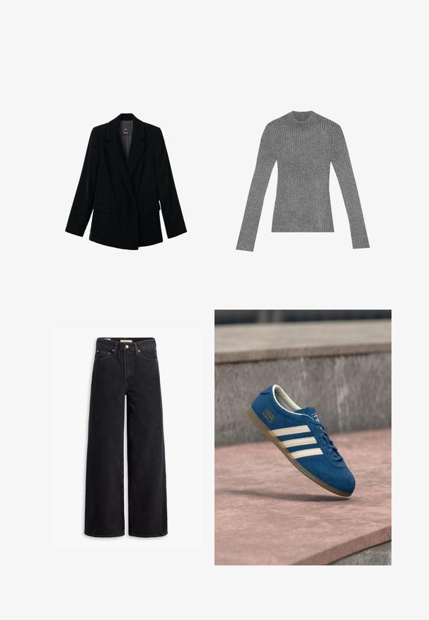 Sorte fløjl single-button blazer med notched lapels, to frontlommer med klap og lange ærmer, præsenteret på en hvid baggrund.; Grå ribbet turtleneck trøje med lange ærmer, lavet af tekstureret strikkemateriale, med en tætsiddende pasform og minimalistisk stil.; Sorte brede benjeans lavet af denim, med fem lommer, kobbernitter og en klassisk knaplukning. Glat tekstur med et rent design.; Blå ruskindsneaker med cremefarvede striber og snørebånd, sål af gummiridse, tekstureret overflade, rundet tå og mærkning på siden.